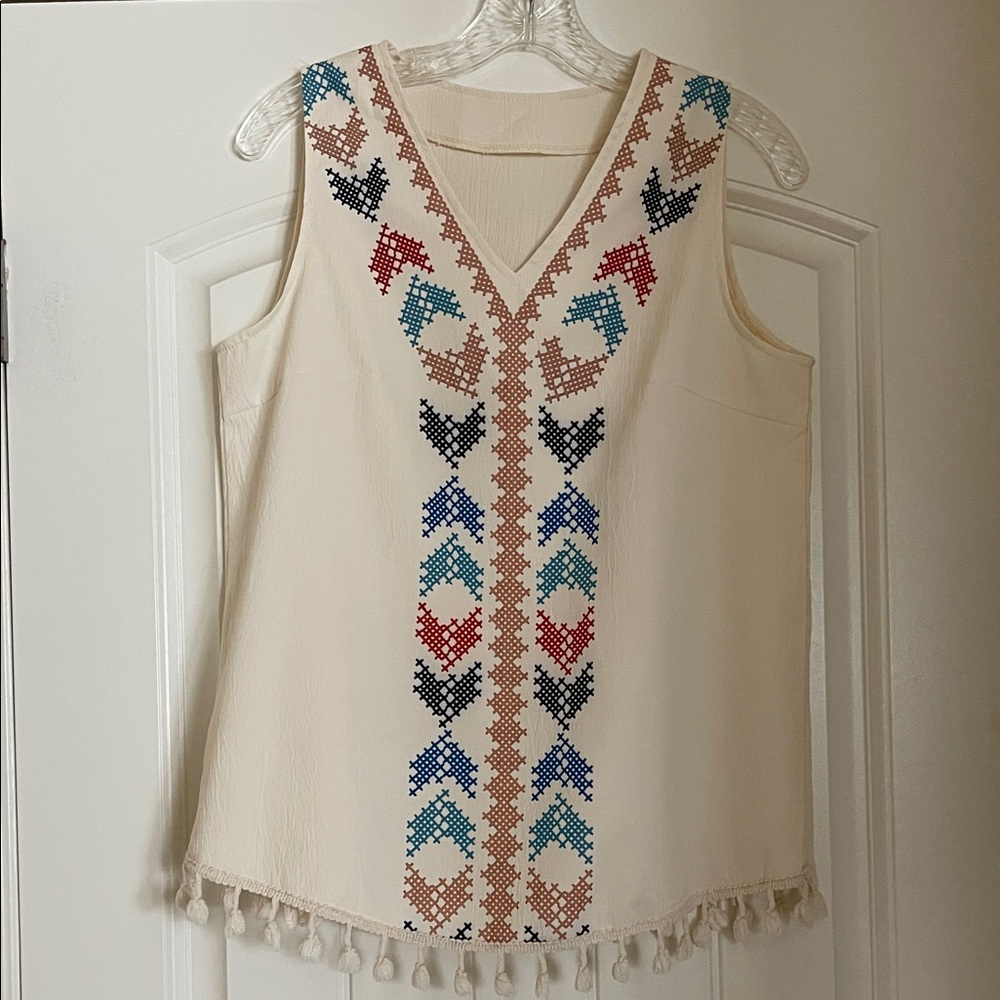 Embroidered Cream Sleeveless Top